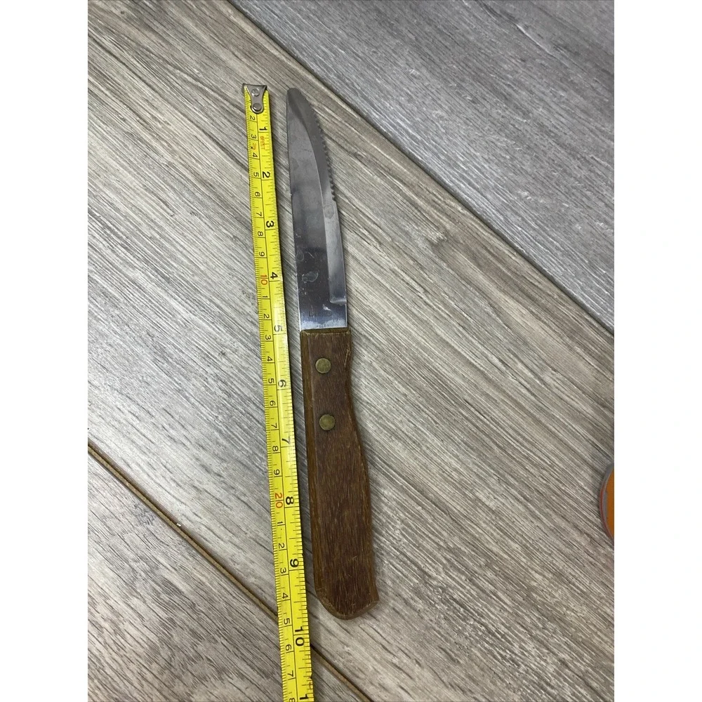 Delco Steak Knife Vintage‎ Serrated Stainless Steel Wood Handle 8.25 Inch Brass